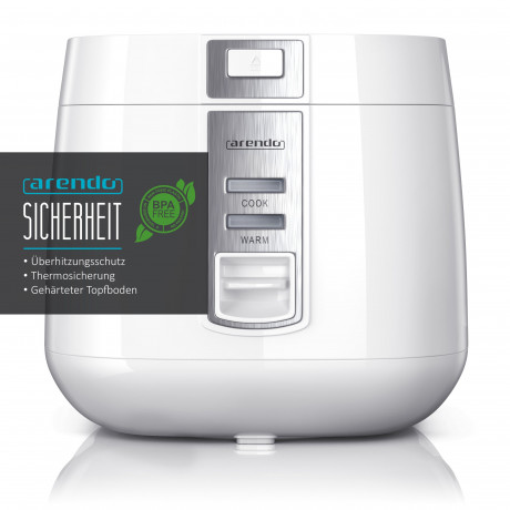 Arendo Arendo Reiskocher, 540 W, 1,4 L, Hitzeschutz, Dampfgareinsatz, Warmhaltefunktion, Dampfgarer weiss Рисоварка Arendo, 540 Вт, 1,4 л, термозащита, насадка-пароварка, функция поддержания тепла, пароварка