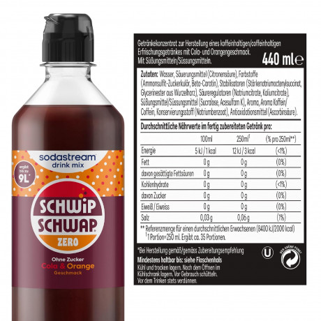 SodaStream Syrup Schwip Schwap Zero 440ml x 4st, Сироп для газированной воды, без сахара, концентрат напитка со вкусом колы и апельсина, 440мл х 4шт