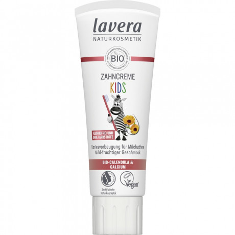 LAVERA Zahncreme Kids Fluoridfrei, 75 ml, Лавера Детская зубная паста без фтора, клубничный вкус, био-календула и ксилит, 75 мл