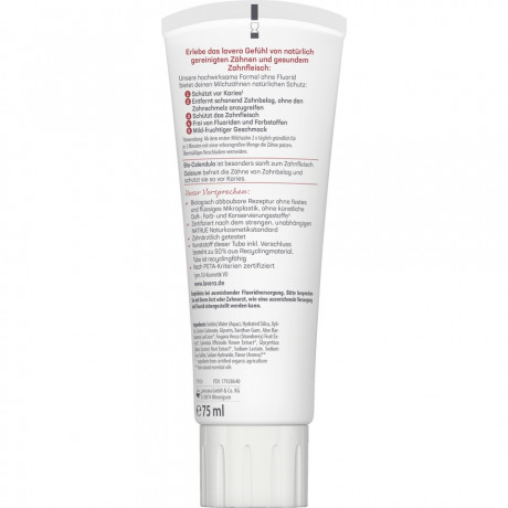LAVERA Zahncreme Kids Fluoridfrei, 75 ml, Лавера Детская зубная паста без фтора, клубничный вкус, био-календула и ксилит, 75 мл