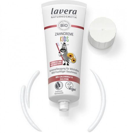 LAVERA Zahncreme Kids Fluoridfrei, 75 ml, Лавера Детская зубная паста без фтора, клубничный вкус, био-календула и ксилит, 75 мл