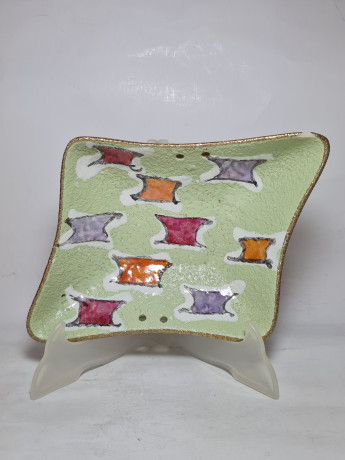 Тарелка винтажная декоративная W. Germany, зеленая с геометрич.декором, керамика, 26 x 21 x 5 см, Германия, 1960-70гг.