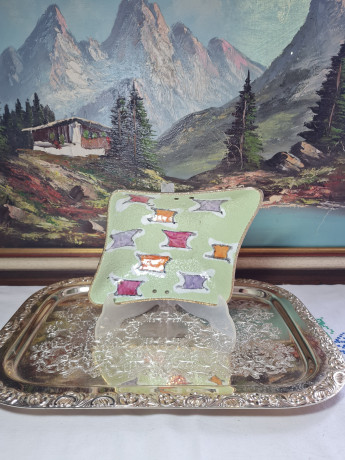 Тарелка винтажная декоративная W. Germany, зеленая с геометрич.декором, керамика, 26 x 21 x 5 см, Германия, 1960-70гг.