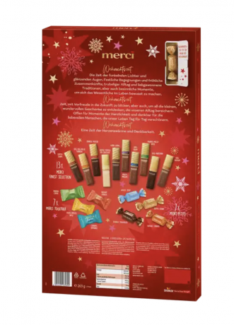 Merci 2025 Адвент-календарь, 27 сладких сюрпризов, 28см х 48см, 263 грамма