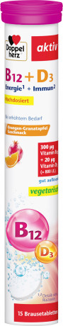 Doppelherz B12 + D3 Brausetabletten, 15 Brausetabletten, 97,5 g, Витамины B12 300 мкг и D3 800 МЕ для энергетического обмена и иммунитета, шипучие таблетки со вкусом апельсина и граната, 15 шт., 97,5 г