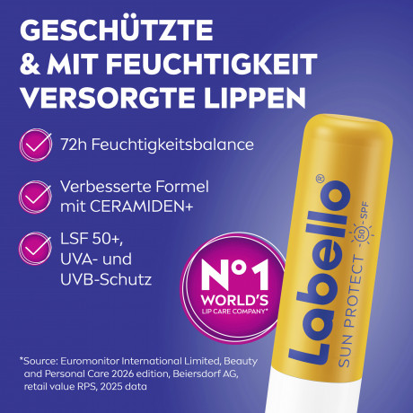 Labello Sun Protect LSF 50+, Солнцезащитный бальзам для губ с маслом ши и церамидами для питания и защиты от сухости, SPF 50+, 4,8 г