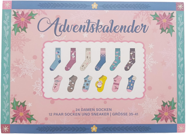 Damen Socken Adventskalender 2026, Женский адвент-календарь 2026 с носками, 12 пар, размер 35–41