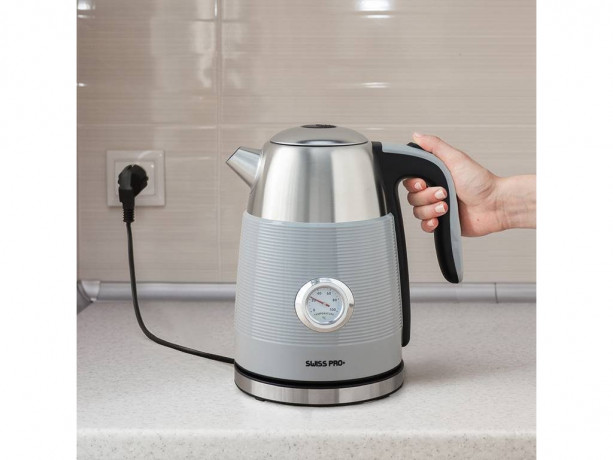 SWISS PRO+ SWISS PRO+ Wasserkocher Retro Wasserkocher Edelstahl Trockengehschutz, Doppelwandig, 2250,00 W Grau Чайник SWISS PRO+ Ретро-чайник из нержавеющей стали с защитой от выкипания, с двойными стенками, 2250,00 Вт