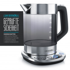 Arendo Arendo Wasserkocher, 1,5 l, 2200 W, Edelstahl Glas, mit Basisstation  Temperatureinstellung 70°C 100°C  Чайник Arendo, 1,5 л, 2200 Вт, стекло нержавеющая сталь, с регулировкой температуры на базовой станции 70°С 100°С