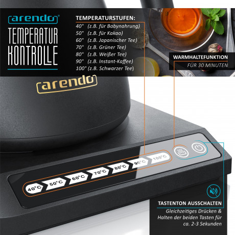 Arendo Arendo Wasserkocher, 0,5 l, 1000 W, Temperatureinstellung 40° bis 100°, Warmhaltefunktion, 360° Basis Чайник Arendo, 0,5 л, 1000 Вт, регулировка температуры от 40° до 100°, функция поддержания тепла, основание 360°