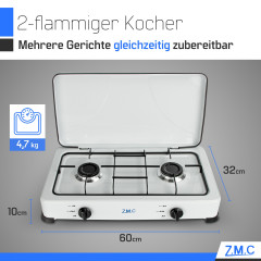 ZMC ZMC Gaskocher Tragbarer Gaskocher Campingkocher 2-flammig inkl. Schlauch und Regler, 2,2 kW 50 mBar Outdoor Gasherd Kochfeld Herd Propangas Tischkocher  Газовая плита ZMC, переносная газовая плита, походная плита, 2 пламени, включая шланг и регулятор,
