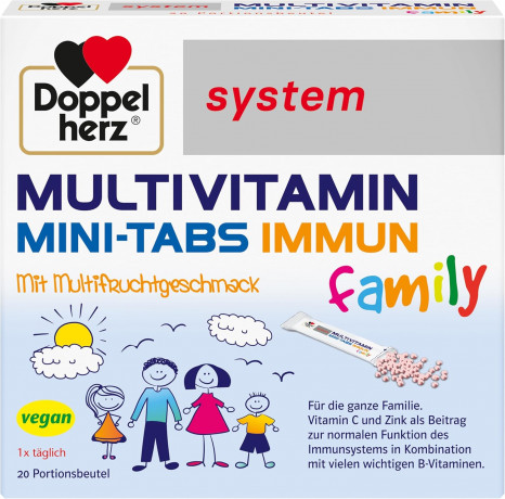 Doppelherz System Multivitamin Mini Tabs Family Immun, 20 Beutel х 2 packs, Мультивитаминный комплекс с витамином С и цинком для детей с 4-х лет и взрослых, с фруктовым вкусом, 20 пакетиков стиков x 2 упаковки