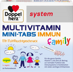 Doppelherz System Multivitamin Mini Tabs Family Immun, 20 Beutel х 2 packs, Мультивитаминный комплекс с витамином С и цинком для детей с 4-х лет и взрослых, с фруктовым вкусом, 20 пакетиков стиков x 2 упаковки