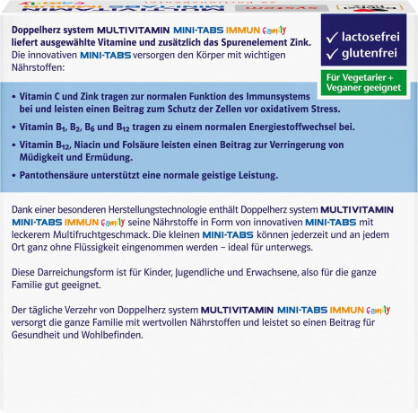 Doppelherz System Multivitamin Mini Tabs Family Immun, 20 Beutel х 2 packs, Мультивитаминный комплекс с витамином С и цинком для детей с 4-х лет и взрослых, с фруктовым вкусом, 20 пакетиков стиков x 2 упаковки
