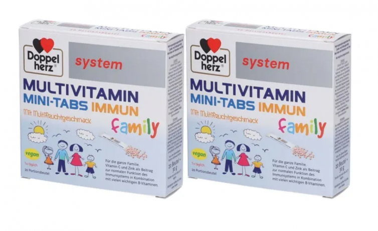 Doppelherz System Multivitamin Mini Tabs Family Immun, 20 Beutel х 2 packs, Мультивитаминный комплекс с витамином С и цинком для детей с 4-х лет и взрослых, с фруктовым вкусом, 20 пакетиков стиков x 2 упаковки