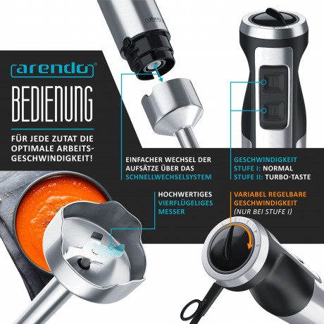 Arendo Arendo Stabmixer, 1000 W, Edelstahl Purierstab mit stufenloser Geschwindigkeitsregelung MANO  Ручной блендер Arendo, 1000 Вт, стержень для пюре из нержавеющей стали с бесступенчатой ??регулировкой скорости MANO