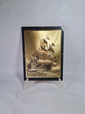 Картина винтажная "Парусник", фольга, под стеклом, 24 x 18 см, Германия, 1960-70гг.