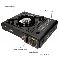 ZMC ZMC Gaskocher Gaskocher 1-flammig + Aufbewahrungskoffer + 16x Gaskartuschen 227g, (Butangas Campingkocher fur Innenraum/Outdoor, Campinggaskocher 2,2 kW mit Piezozundung), Kochfeld Herd Gaskocher mit Kartusche, Gaskochfeld fur Camping  Газовая плита Z