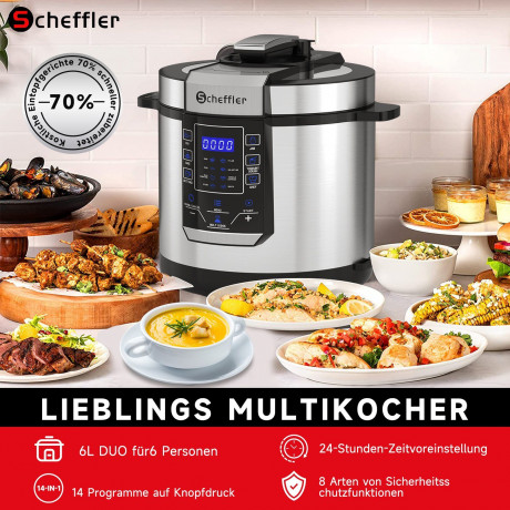 Scheffler Scheffler Multikocher 6L Elektrischer Reiskocher Schnellkochtopf, 14 Automatische-Programme, 1000,00 W, 6,00 l Schussel, Schongarer, Wokpfanne, Joghurtbereite Mehr, Edelstahl, Timer Мультиварка Scheffler электрическая рисоварка 6л, скороварка,