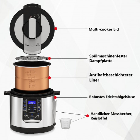 Scheffler Scheffler Multikocher 6L Elektrischer Reiskocher Schnellkochtopf, 14 Automatische-Programme, 1000,00 W, 6,00 l Schussel, Schongarer, Wokpfanne, Joghurtbereite Mehr, Edelstahl, Timer Мультиварка Scheffler электрическая рисоварка 6л, скороварка,