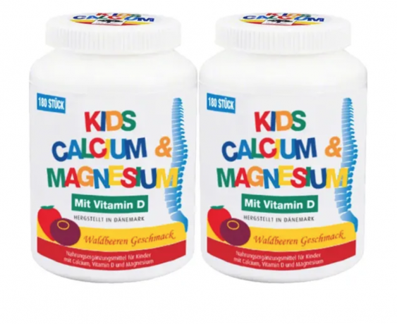 ‎NEW NORDIC Kids Calcium & Magnesium Кидс Витамины с Кальцием, Магнием и D3 для детей от 3 лет, со вкусом ягод, 180 жевательных таблеток x 2 банки