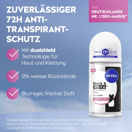 NIVEA Black & White Invisible Clear Anti-Transpirant Roll-On, 50 ml, Нивеа Антиперспирант ролик, невидимый, защита одежды от пятен, 72ч защита от пота, 50 мл