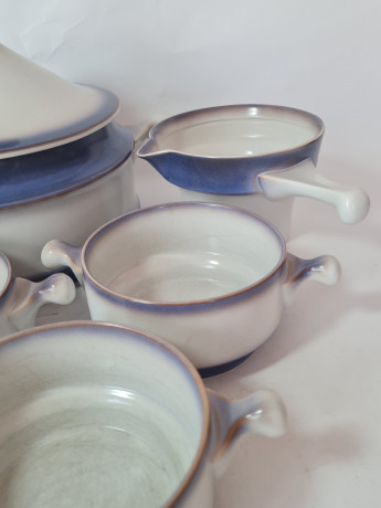Набор посуды винтажной Goebel, Auvergne Bavaria, бело-синий фарфор, горшочки 4 шт x 20 x 19 см, 1 шт х  17 x 6 см, соусник 18,5 x 9 см, Германия, 1960-70гг.