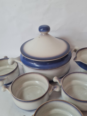 Набор посуды винтажной Goebel, Auvergne Bavaria, бело-синий фарфор, горшочки 4 шт x 20 x 19 см, 1 шт х  17 x 6 см, соусник 18,5 x 9 см, Германия, 1960-70гг.