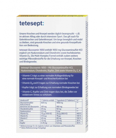 tetesept Glucosamin 1650 Tabletten 40 St, tetesept тетесепт Глюкозамин 1650 c гиалуроновой кислотой, цинком, медью и витаминами C, D3 и K1, 40 штук