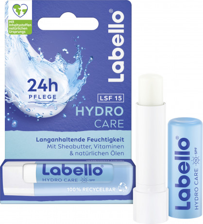 Labello Hydro Care LSF 15, Бесцветный бальзам для губ с глицерином и маслом ши для увлажнения и мягкости, SPF 15, 4,8 г