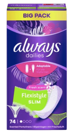 always Slipeinlage Flexistyle Slim Fresh BigPack 74 St, Прокладки Ежедневные тонкие Flexistyle с ароматом свежести 74 штуки, 5 упаковок (370 штук)