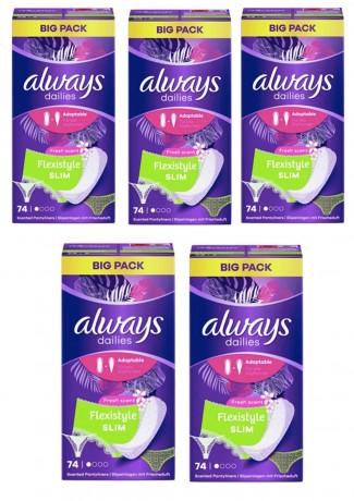 always Slipeinlage Flexistyle Slim Fresh BigPack 74 St, Прокладки Ежедневные тонкие Flexistyle с ароматом свежести 74 штуки, 5 упаковок (370 штук)