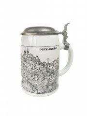 Немецкая пивная кружка винтажная Alten Kunststadt Germany &quot;Бабенберг&quot;, с крышкой, кракелюр, фарфор / олово, 0.5 л, 15.5 см, Германия, 1960-70гг.