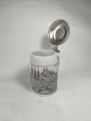 Немецкая пивная кружка винтажная Alten Kunststadt Germany &quot;Бабенберг&quot;, с крышкой, кракелюр, фарфор / олово, 0.5 л, 15.5 см, Германия, 1960-70гг.