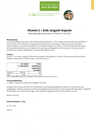Vitamin C+Zink Langzeit-Kapseln, Капсулы длительного действия с витамином С и цинком, 180 капсул на 6 месяцев
