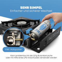 ZMC ZMC Gaskocher 2in1 Campingkocher Grillplatte mit Piezozundung + 8x Gaskartuschen, (Grillplatte Tischgrill Transportkoffer Gasbrenner Gasgrill Kochfeld), Butan Gas 227g Campingkocher Outdoor Camping Gas Kocher Herd  Газовая плита ZMC, походная плита 2-