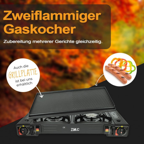 ZMC ZMC Gaskocher 2in1 Campingkocher mit Grillplatte 2 Flammig + 20x Gaskartuschen 227g, (mit Piezozundung Grill Platte Tischgrill Doppel Gasbrenner Gasgrill Kochfeld mit LPG Anschluss Warmeleistung: 2,3KW), Outdoor Camping Gas Kocher Butan Gas Gaskocher