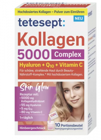 tetesept Kollagen 5000 Complex 10st, Гидролизат коллагена 5000 + минералы для здоровой кожи, со вкусом малины, 10 саше 