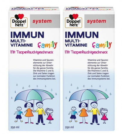 Doppelherz system IMMUN Multivitamine family Мультивитаминный комплекс для детей с 4-х лет и взрослых, сироп со вкусом тропических фруктов, 250 мл x 2 упаковки