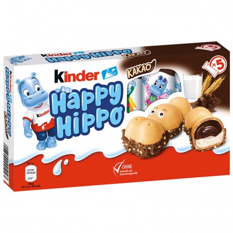Kinder Happy Hippo Kakao 5 Riegel 20 st, Вафельные трубочки с молочным кремом и какао, 20 упаковок