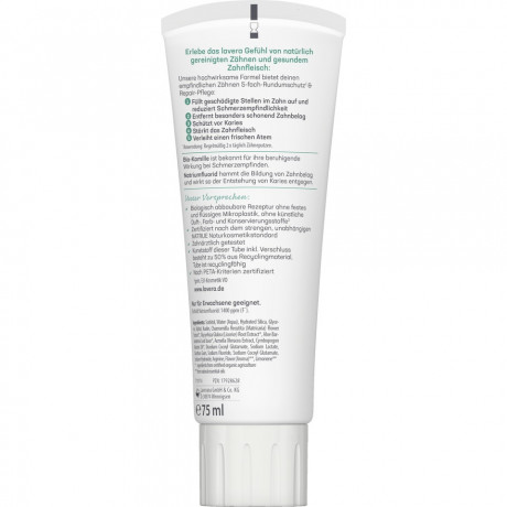 LAVERA Zahncreme Sensitive & Repair, 75 ml, Лавера Зубная паста для чувствительных зубов, био-ромашка, восстановление эмали, 75 мл