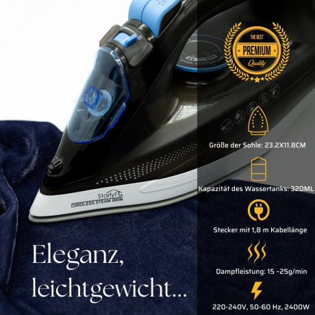 Starlyf Starlyf Dampfbugeleisen Cordless Steam Iron, 2400 W, kabelloses Bugeleisen, Sohle mit keramischer Antihaftbeschichtung  Starlyf Cordless Steam Iron, 2400W, беспроводной утюг, подошва с керамическим антипригарным покрытием