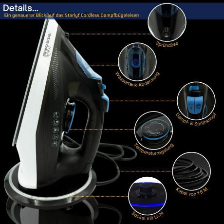 Starlyf Starlyf Dampfbugeleisen Cordless Steam Iron, 2400 W, kabelloses Bugeleisen, Sohle mit keramischer Antihaftbeschichtung  Starlyf Cordless Steam Iron, 2400W, беспроводной утюг, подошва с керамическим антипригарным покрытием