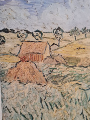 Картина винтажная "Поля в Овере" Винсент Ван Гог, золотистая рама, 43 x 35 см, Германия, 1960-70гг.