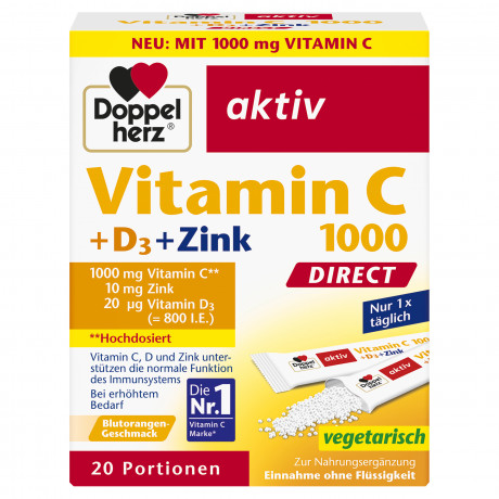 Doppelherz Vitamin C 1000 + D3 + Zink Direct, 20 Portionsbeutel, 60 g, Витамин C 1000 мг, D3 800 МЕ и цинк 10 мг для иммунитета, гранулы без запивания со вкусом красного апельсина, 20 пакетиков, 60 г