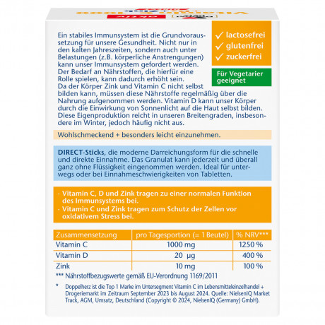 Doppelherz Vitamin C 1000 + D3 + Zink Direct, 20 Portionsbeutel, 60 g, Витамин C 1000 мг, D3 800 МЕ и цинк 10 мг для иммунитета, гранулы без запивания со вкусом красного апельсина, 20 пакетиков, 60 г
