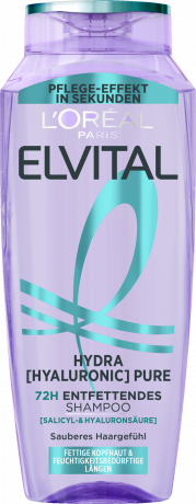 L'Oreal Paris Elvital Hydra Hyaluronic Pure 72H Entfettendes Shampoo, 300 ml, Очищающий шампунь для жирной кожи головы и обезвоженной длины, с салициловой и гиалуроновой кислотами, 300 мл