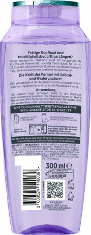 L'Oreal Paris Elvital Hydra Hyaluronic Pure 72H Entfettendes Shampoo, 300 ml, Очищающий шампунь для жирной кожи головы и обезвоженной длины, с салициловой и гиалуроновой кислотами, 300 мл