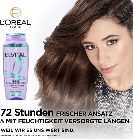 L'Oreal Paris Elvital Hydra Hyaluronic Pure 72H Entfettendes Shampoo, 300 ml, Очищающий шампунь для жирной кожи головы и обезвоженной длины, с салициловой и гиалуроновой кислотами, 300 мл