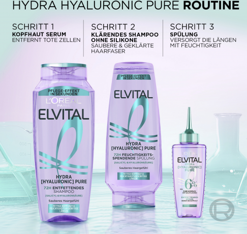 L'Oreal Paris Elvital Hydra Hyaluronic Pure 72H Entfettendes Shampoo, 300 ml, Очищающий шампунь для жирной кожи головы и обезвоженной длины, с салициловой и гиалуроновой кислотами, 300 мл